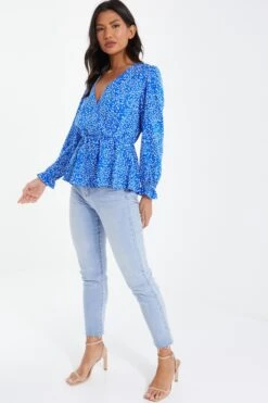 Blue Smudge Animal Print Peplum Top -Deals Clothifyr Store 00100037067 XS