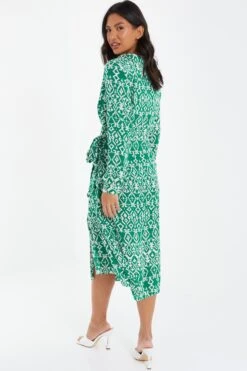 Green Satin Aztec Wrap Midi Dress 10 Green Satin Aztec Wrap Midi Dress -Deals Clothifyr Store 00100037099 XB