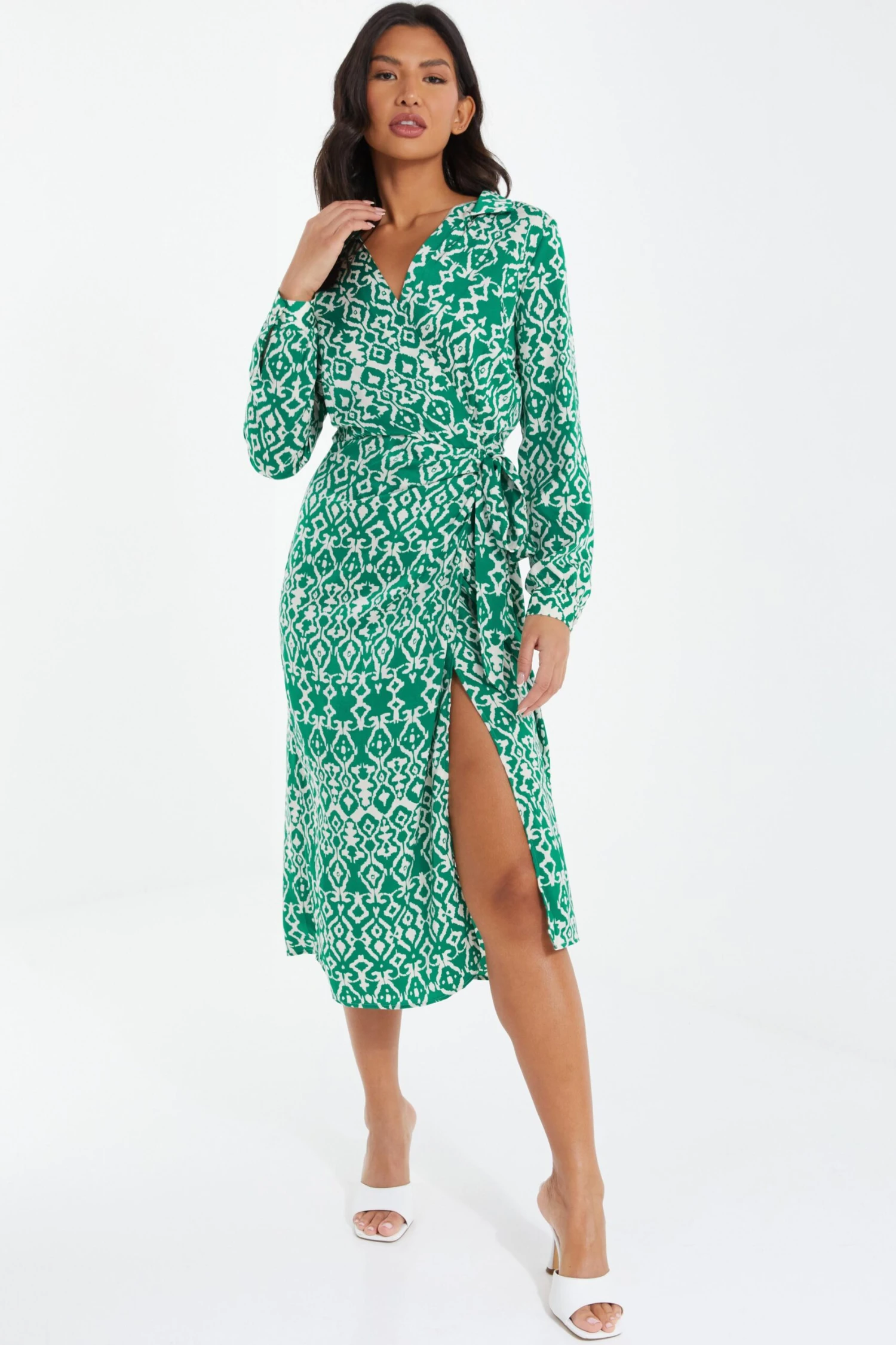 Green Satin Aztec Wrap Midi Dress 4 Green Satin Aztec Wrap Midi Dress - Image 2