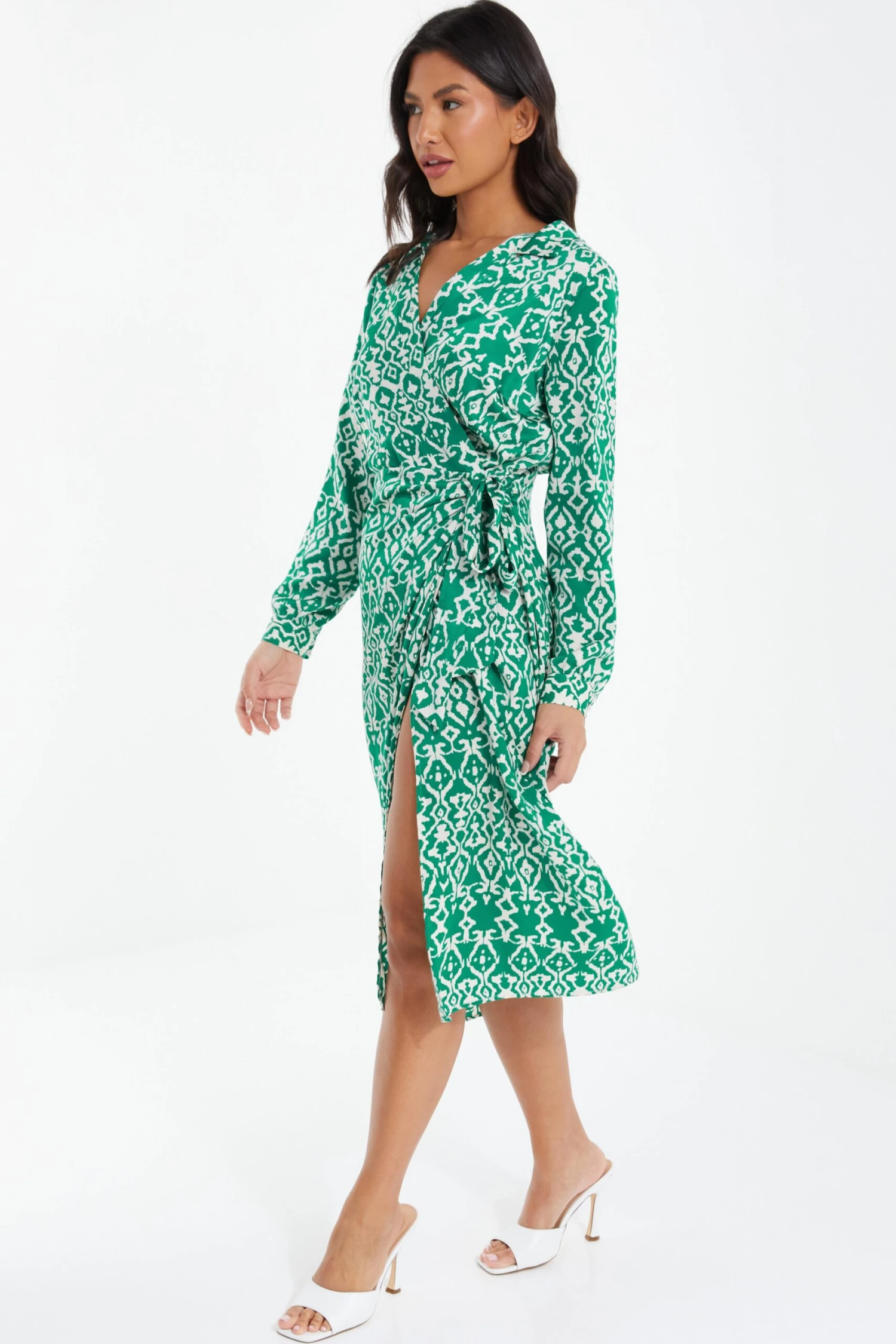 Green Satin Aztec Wrap Midi Dress 6 Green Satin Aztec Wrap Midi Dress - Image 4