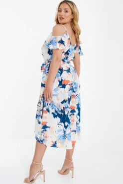 Curve Blue Floral Cold Shoulder Wrap Midi Dress -Deals Clothifyr Store 00100037105 XB