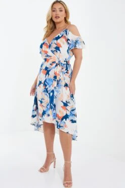 Curve Blue Floral Cold Shoulder Wrap Midi Dress -Deals Clothifyr Store 00100037105 XS