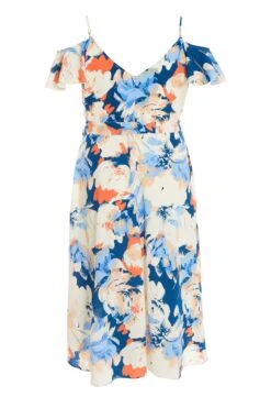 Curve Blue Floral Cold Shoulder Wrap Midi Dress -Deals Clothifyr Store 00100037105 ZB