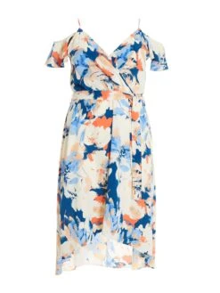 Curve Blue Floral Cold Shoulder Wrap Midi Dress