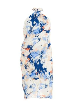 Curve Blue Floral High Neck Midi Dress