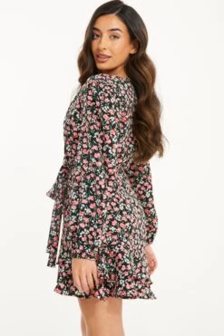 Petite Black Ditsy Floral Wrap Mini Dress -Deals Clothifyr Store 00100037111 XB