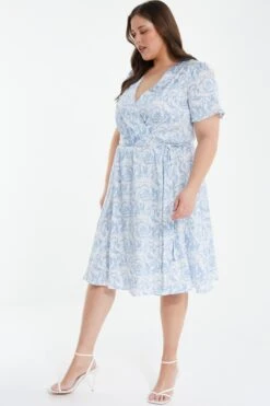 Curve Light Blue Satin Floral Wrap Midi Dress -Deals Clothifyr Store 00100037159 XS