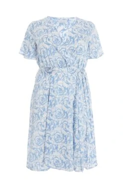 Curve Light Blue Satin Floral Wrap Midi Dress