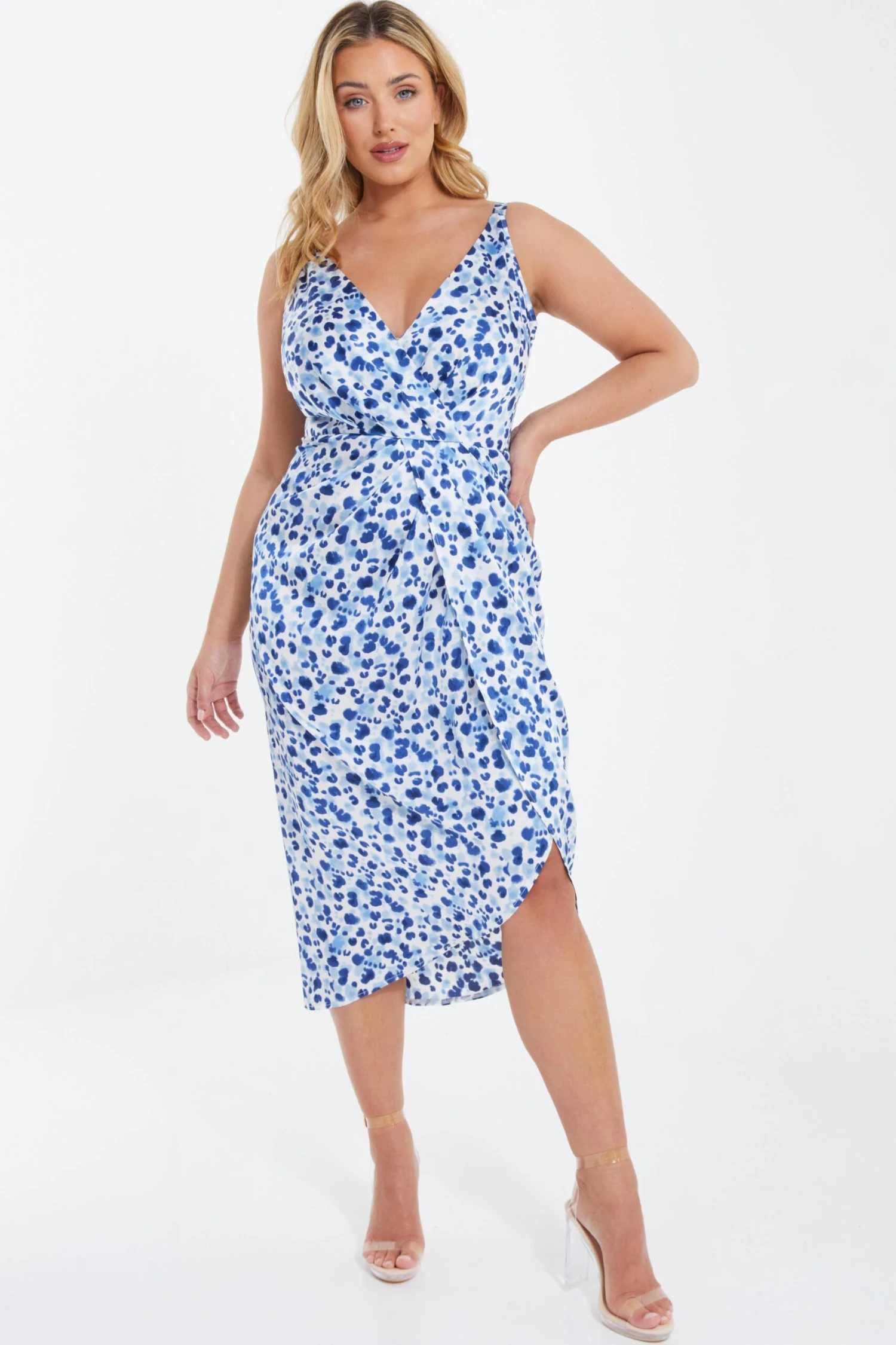 Curve Blue Satin Animal Print Ruched Midi Dress 4 Curve Blue Satin Animal Print Ruched Midi Dress - Image 2