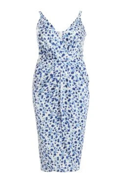 Curve Blue Satin Animal Print Ruched Midi Dress