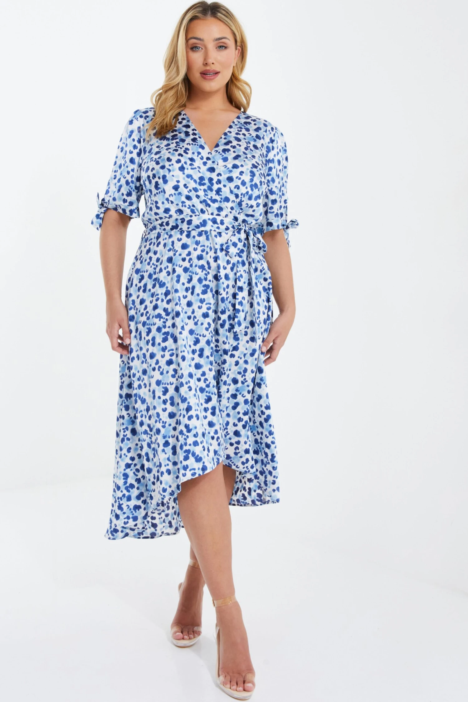 Curve Blue Satin Animal Print Wrap Midi Dress 4 Curve Blue Satin Animal Print Wrap Midi Dress - Image 2