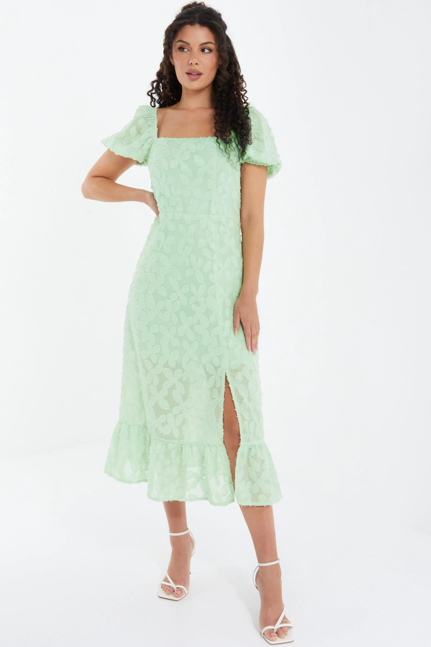 Sage Jacquard Puff Sleeve Midi Dress 4 Sage Jacquard Puff Sleeve Midi Dress - Image 2