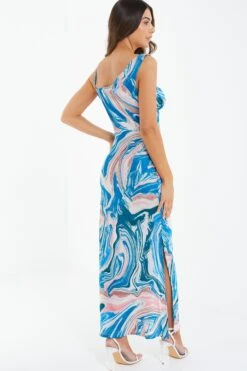 Petite Blue Satin Marble Print Midaxi Dress -Deals Clothifyr Store 00100037193 XB
