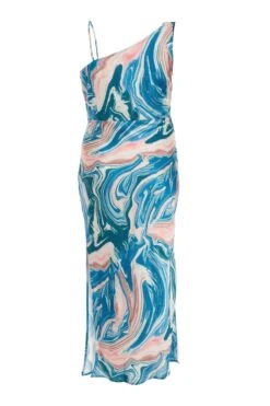 Curve Blue Satin Marble Print One Shoulder Midaxi Dress -Deals Clothifyr Store 00100037196 ZB