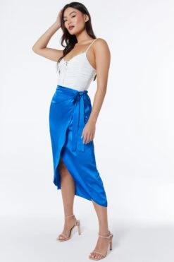 Royal Blue Satin Wrap Midi Skirt -Deals Clothifyr Store 00100037212 XS