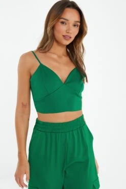Green Satin Tie Back Crop Top -Deals Clothifyr Store 00100037213 XM