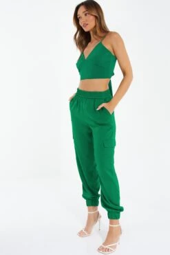 Green Satin Tie Back Crop Top -Deals Clothifyr Store 00100037213 XS