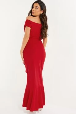 Petite Red Bardot Frill Maxi Dress -Deals Clothifyr Store 00100037281 XB