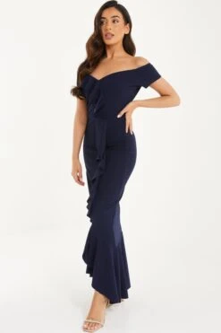 Petite Navy Bardot Frill Maxi Dress -Deals Clothifyr Store 00100037284 XS