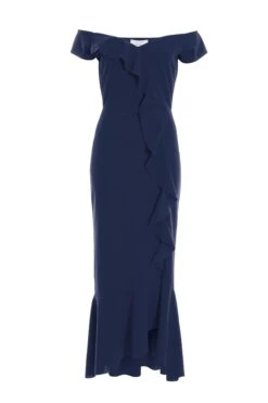 Petite Navy Bardot Frill Maxi Dress