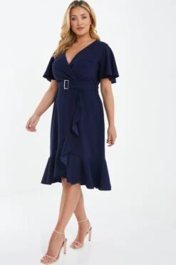 Curve Navy Wrap Buckle Midi Dress -Deals Clothifyr Store 00100037287 XS
