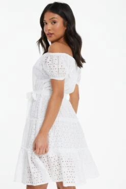 Petite White Embroidered Bardot Mini Dress -Deals Clothifyr Store 00100037291 XB