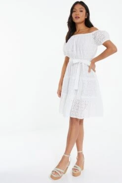 Petite White Embroidered Bardot Mini Dress -Deals Clothifyr Store 00100037291 XS