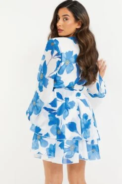 Petite Blue Chiffon Floral Tiered Mini Dress 10 Petite Blue Chiffon Floral Tiered Mini Dress -Deals Clothifyr Store 00100037301 XB