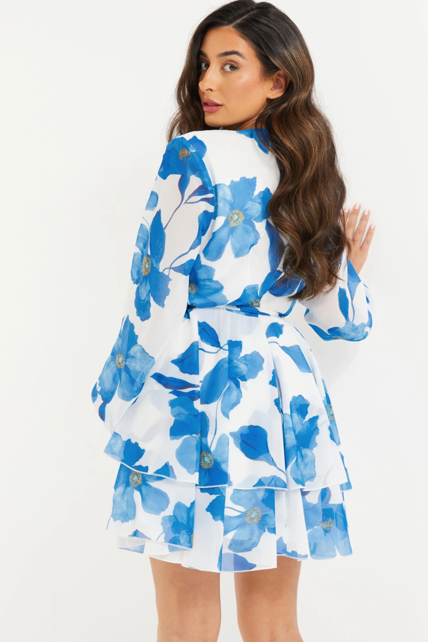 Petite Blue Chiffon Floral Tiered Mini Dress 5 Petite Blue Chiffon Floral Tiered Mini Dress - Image 3