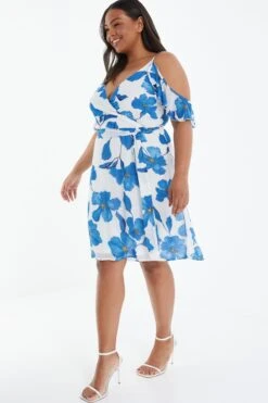 Curve Blue Chiffon Floral Cold Shoulder Midi Dress -Deals Clothifyr Store 00100037303 XS