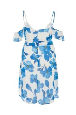 Curve Blue Chiffon Floral Cold Shoulder Midi Dress -Deals Clothifyr Store 00100037303 ZB