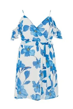 Curve Blue Chiffon Floral Cold Shoulder Midi Dress