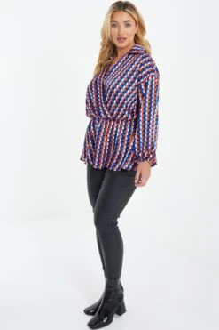 Curve Blue Satin Geometric Peplum Top -Deals Clothifyr Store 00100037305 XS