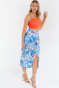 Blue Satin Aztec Print Ruched Midi Skirt -Deals Clothifyr Store 00100037357 XS