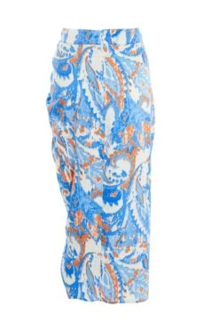 Blue Satin Aztec Print Ruched Midi Skirt -Deals Clothifyr Store 00100037357 ZB