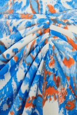 Blue Satin Aztec Print Ruched Midi Skirt -Deals Clothifyr Store 00100037357 ZS