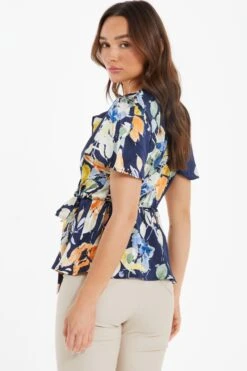 Navy Satin Floral Peplum Top -Deals Clothifyr Store 00100037363 XB