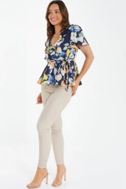 Navy Satin Floral Peplum Top -Deals Clothifyr Store 00100037363 XS