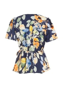 Navy Satin Floral Peplum Top -Deals Clothifyr Store 00100037363 ZB