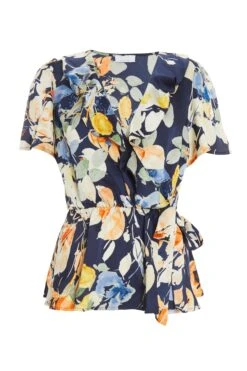 Navy Satin Floral Peplum Top