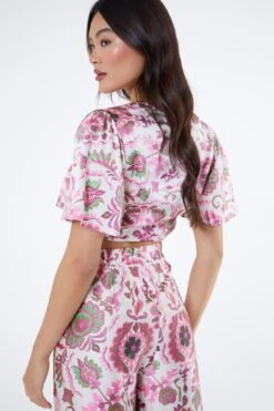 Pink Paisley Print Tie Front Crop Top -Deals Clothifyr Store 00100037375 XB