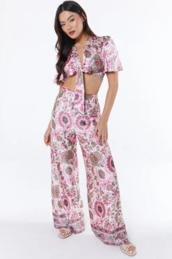 Pink Paisley Print Tie Front Crop Top -Deals Clothifyr Store 00100037375 XS