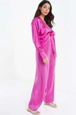 Pink Satin Tie Cropped Blouse -Deals Clothifyr Store 00100037376 XS