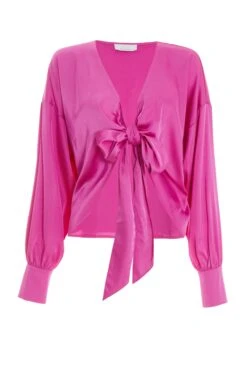 Pink Satin Tie Cropped Blouse