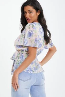 Pink Floral Chiffon Peplum Top -Deals Clothifyr Store 00100037382 XB