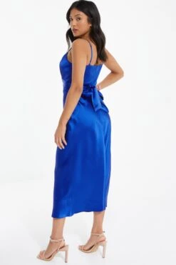 Petite Royal Blue Satin Ruched Midi Dress -Deals Clothifyr Store 00100037385 XB