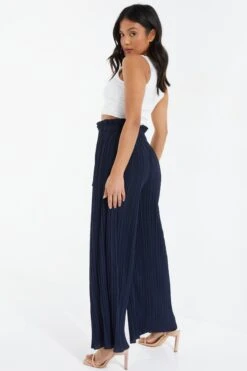 Petite Navy Pleated Wide Leg Trousers -Deals Clothifyr Store 00100037393 XB