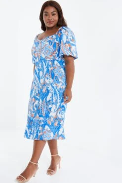 Curve Blue Satin Aztec Print Midi Dress 11 Curve Blue Satin Aztec Print Midi Dress -Deals Clothifyr Store 00100037415 XS