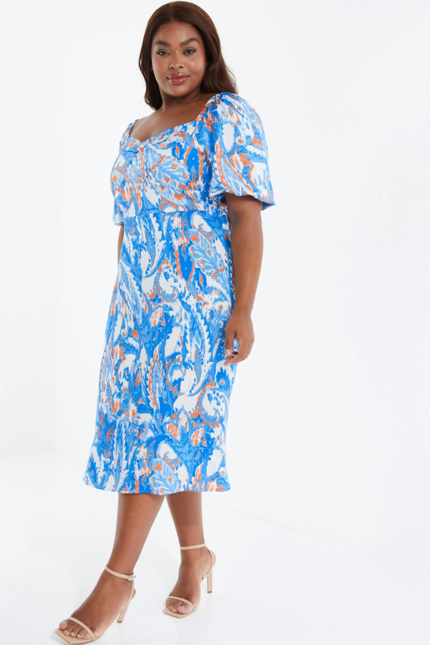 Curve Blue Satin Aztec Print Midi Dress 6 Curve Blue Satin Aztec Print Midi Dress - Image 4