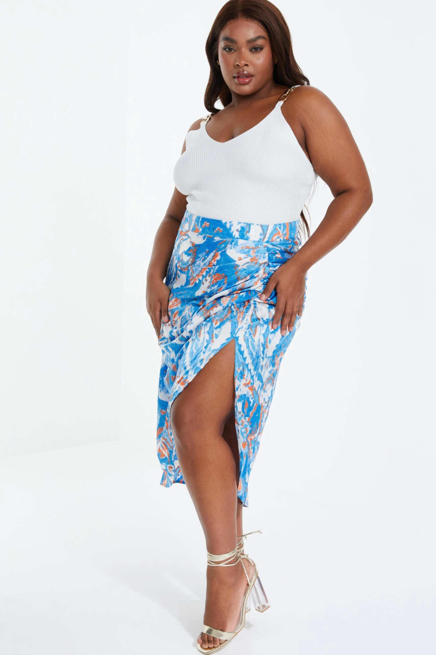 Curve Blue Satin Aztec Print Ruched Midi Skirt 6 Curve Blue Satin Aztec Print Ruched Midi Skirt - Image 4